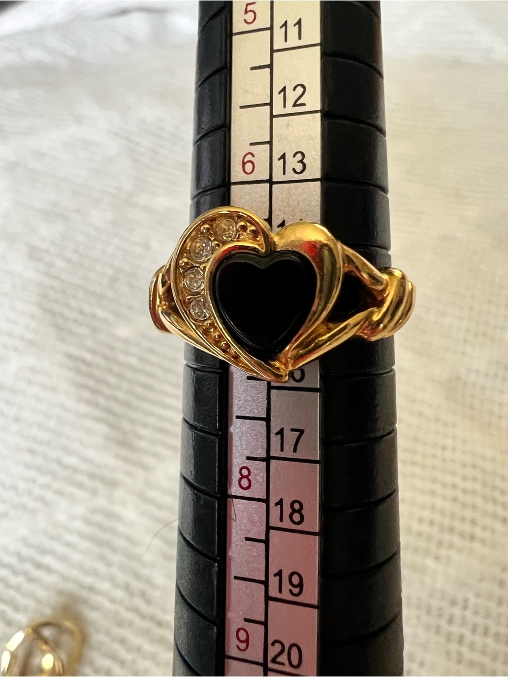 Avon Gold-Tone Heart Ring with Black Enamel and Crystal Accents